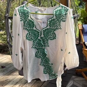 White and Green Embroidered Blouse by Umgee